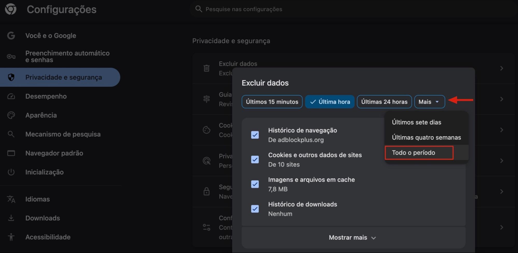 Caixa de diálogo Excluir Dados de Navegação do Chrome, com opções Mais exibidas. Como redefinir o Chrome, como parte de um guia sobre como parar pop-ups falsos do McAfee no Mac.
