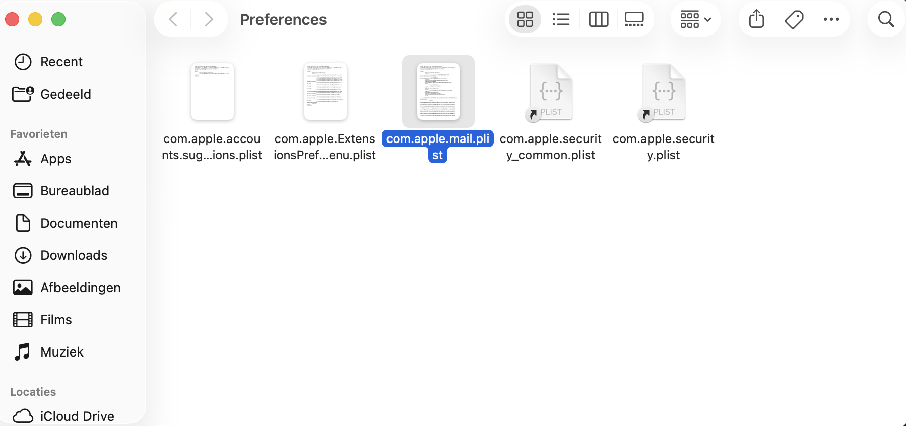 Nadat je op Enter hebt gedrukt, word je automatisch naar een map met plist-bestanden gebracht. Sleep het bestand com.apple.mail.plist naar je bureaublad om de Mail-voorkeuren opnieuw in te stellen.