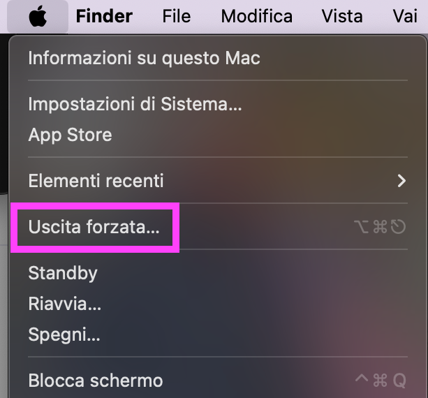Il menu Apple su Mac mostra diverse opzioni di sistema. Clicca su Uscita forzata per killare un’app problematica.