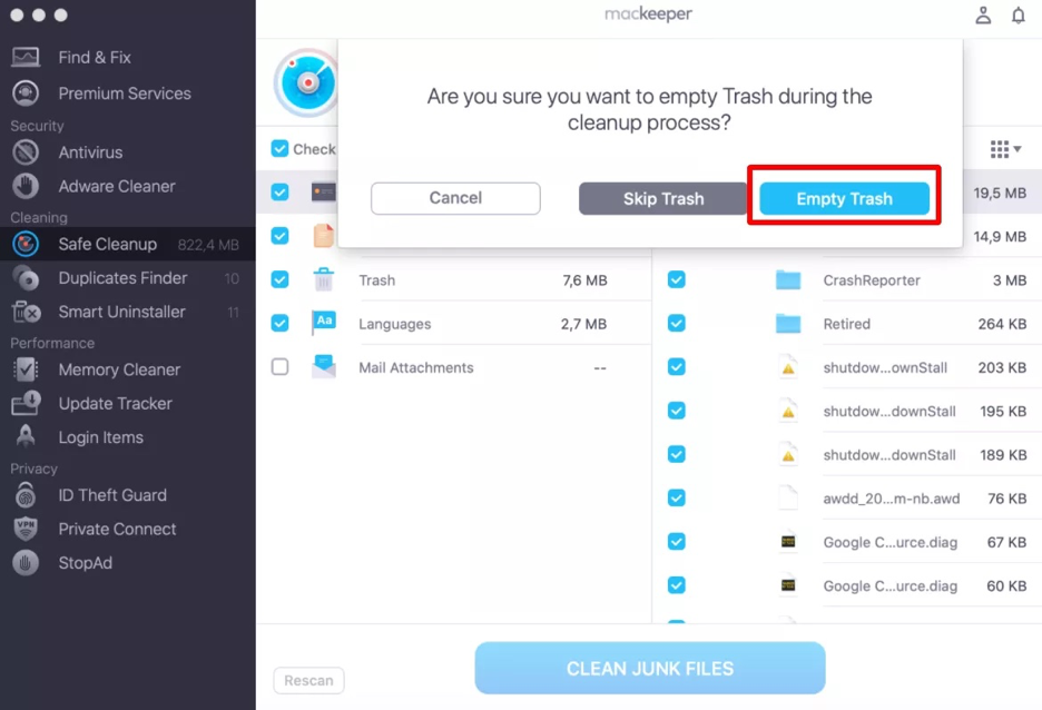 To Empty Trash during the cleanup process, tap on the Empty Trash button to confirm.