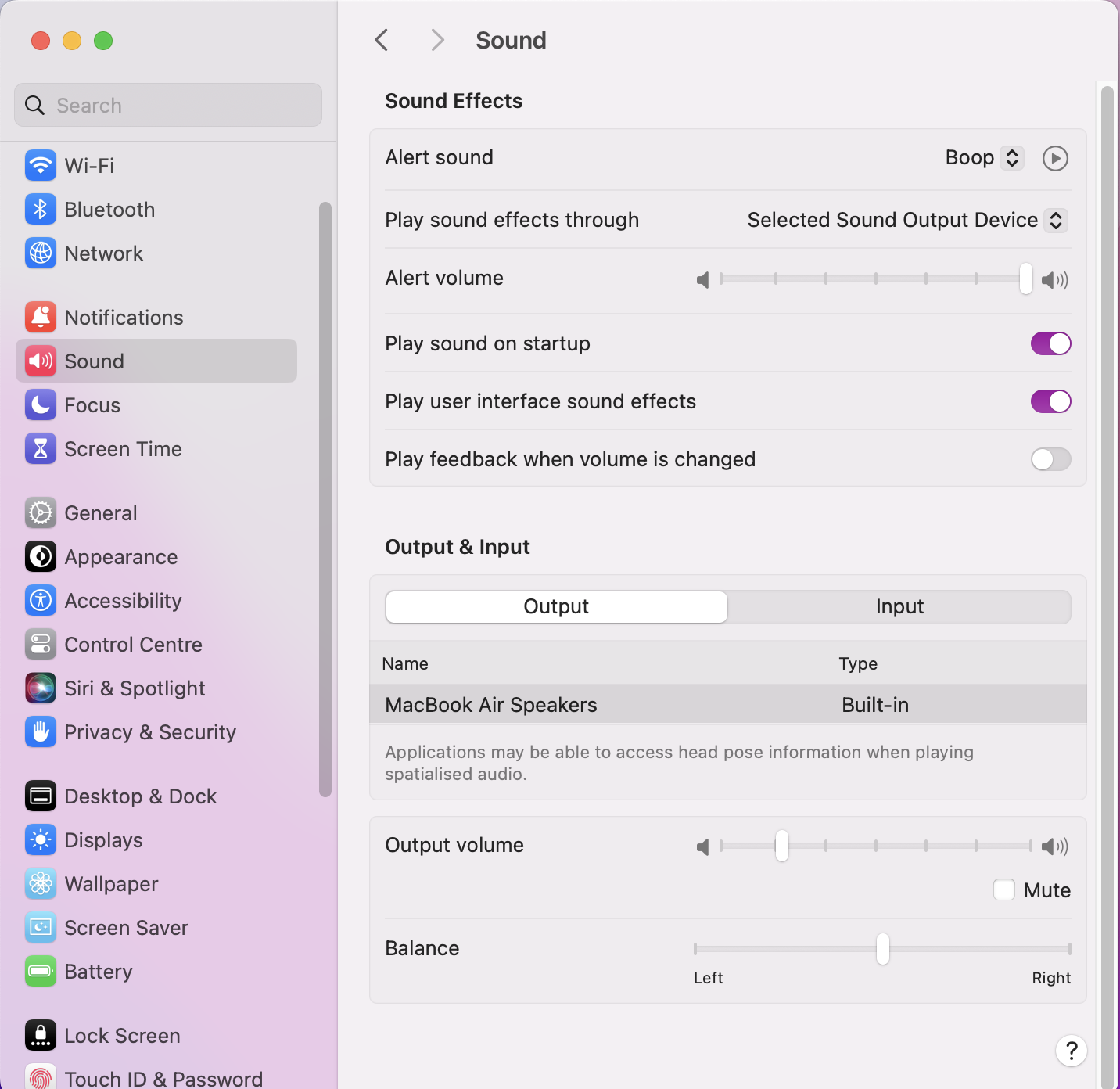 To check which audio output is selected, begin by opening System Settings and clicking on the Sound Tab. From there, go down to Outputs.
