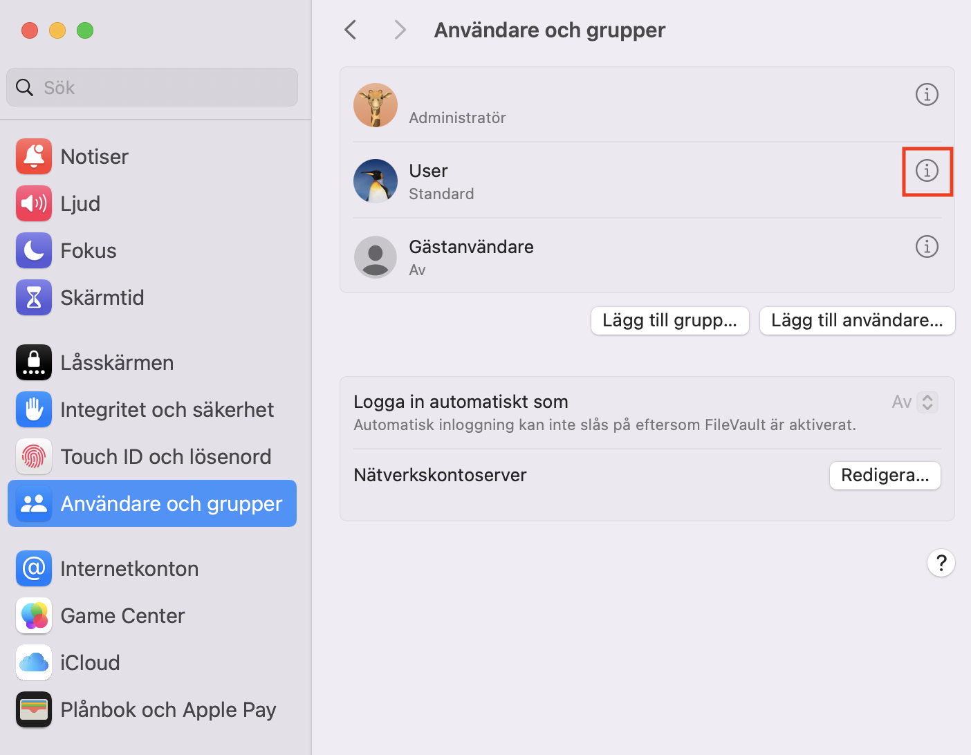 För att bli av med en misstänkt profil på Mac, välj Användare och grupper i sidofältet, leta efter en oönskad post och klicka på i-ikonen bredvid den.