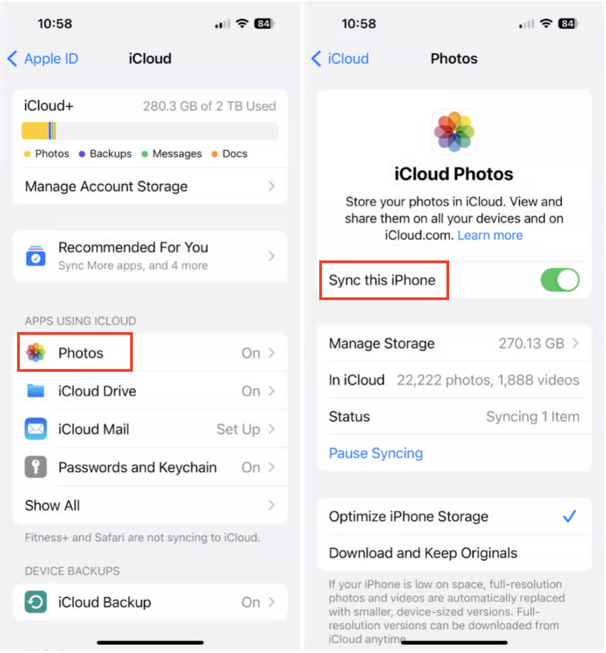 To use iCloud to transfer your photos from iOS to an external drive on a Mac, you first need to open your iPhone or iPad Settings. The click in your Appl ID > iCloud > Photos. Then you just need to turn on the Sync This iPhone option.