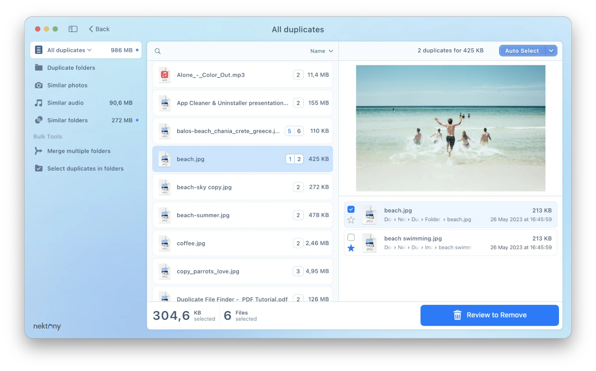 In Nektony, navigate to the All duplicates section to preview identified files and use the Auto Select feature to quickly mark clones for deletion.