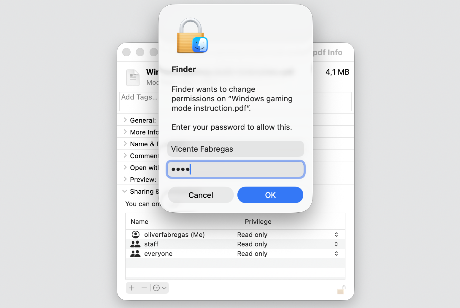 Finder password prompt on macOS asking for your password to change permissions, letting you edit the file's access rights on a Mac.