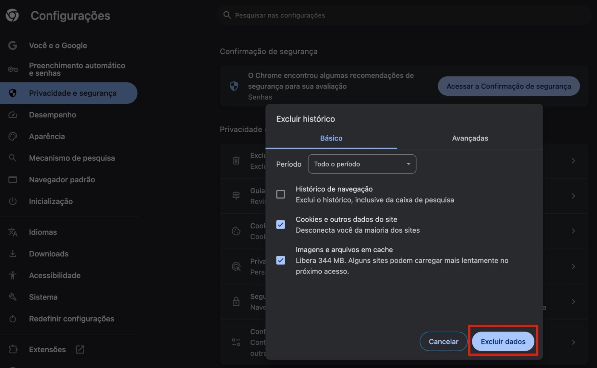 Na janela que se abriu, selecione os tipos de arquivos que deseja limpar e confirme a remoção clicando no botão Excluir dados.