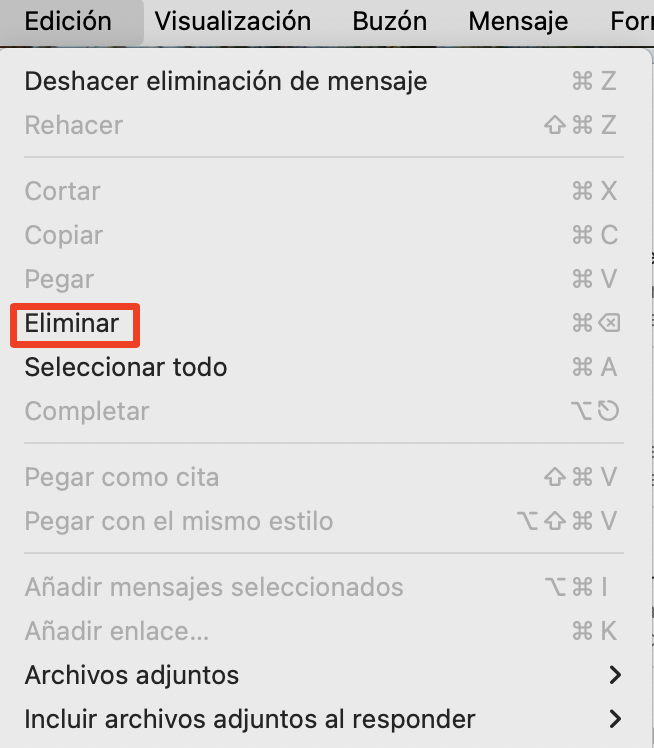 Un menú de la aplicación Mail de macOS con Eliminar resaltado. Cómo eliminar el caché de mail en Mac: vaciar la Papelera haciendo clic con el botón derecho en un correo.