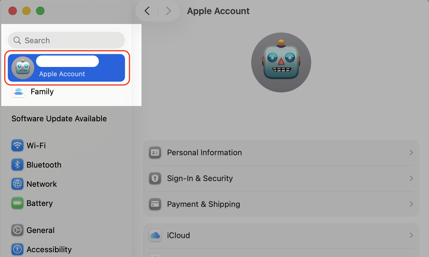 Opening your Apple Account in the System Settings window on an Apple computer to manage iCloud sync for backgroundshortcutrunner fixes.