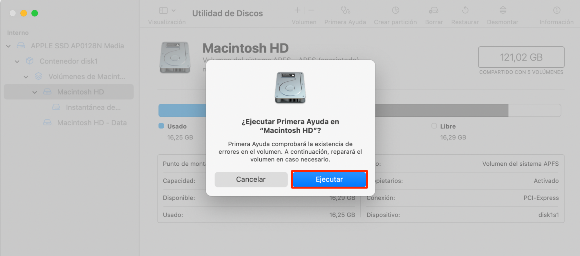 Para finalizar el proceso, deberás confirmar la ejecución de Primera Ayuda en la ventana USB DISK. Para ello, haz clic en el botón Ejecutar de la ventana emergente.