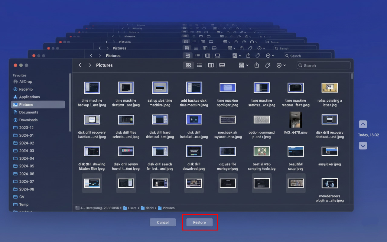 Quando você encontrar um backup que deseja restaurar, clique no botão Restaurar abaixo da janela desejada no Time Machine.
