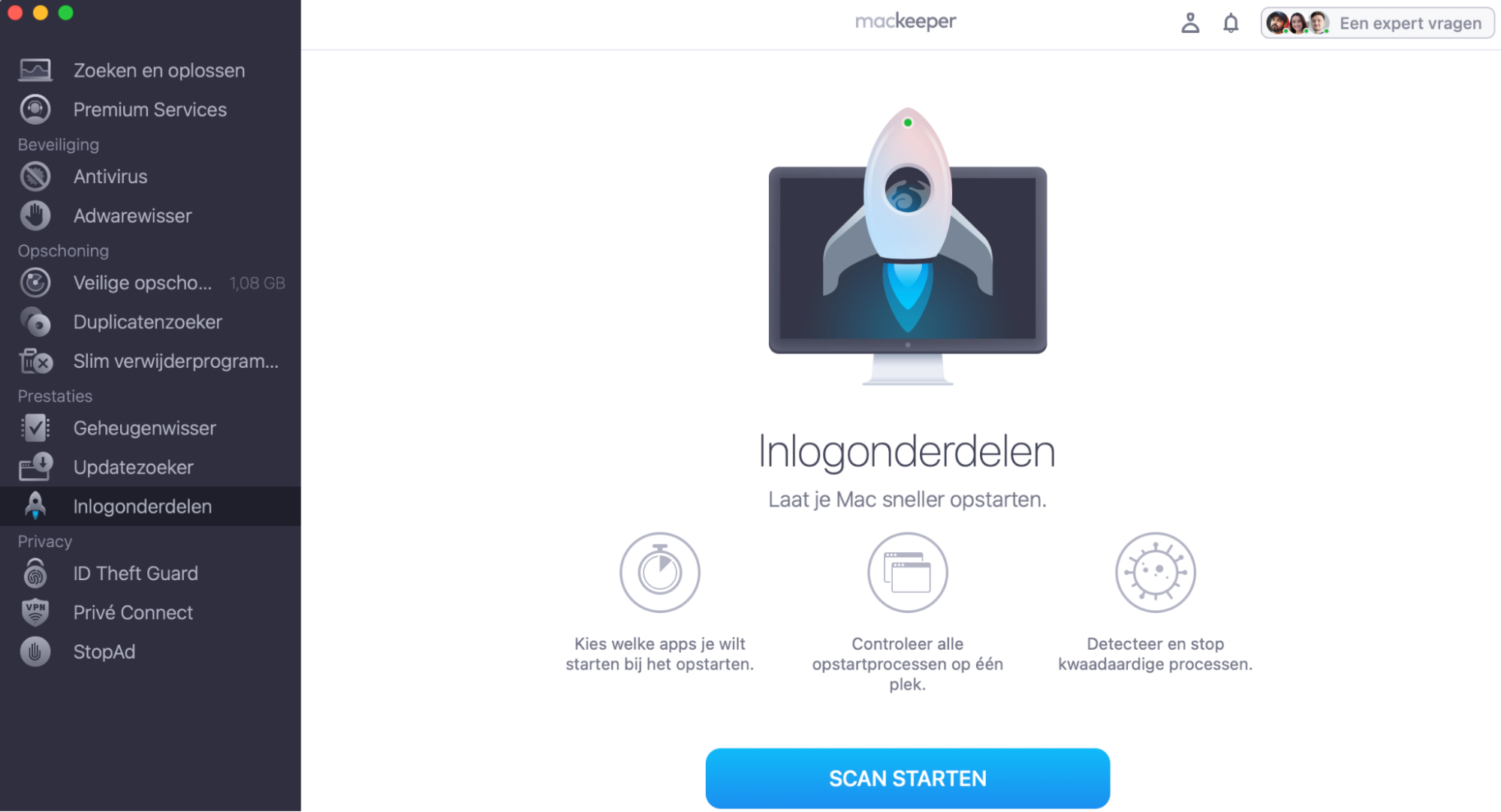 Zoek via MacKeeper naar inlogonderdelen die extra RAM kunnen gebruiken door naar Prestaties > Inlogonderdelen > Start scan te gaan.