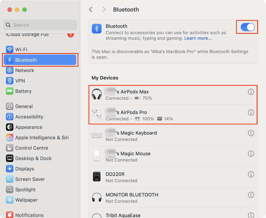 To connect two AirPods to your computer, go to System Settings, select Bluetooth in the sidebar, make sure the Bluetooth toggle is on, and pair both sets of AirPods to your Mac.