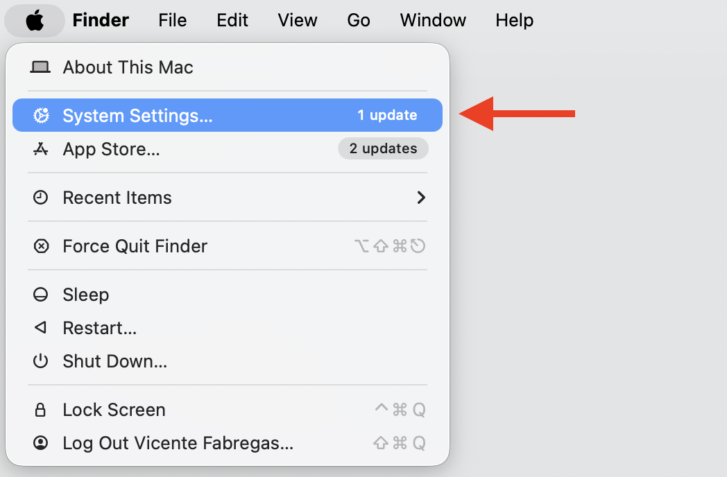 Apple menu on a MacBook with System Settings highlighted, the starting point to open Privacy & Security and grant Full Disk Access.