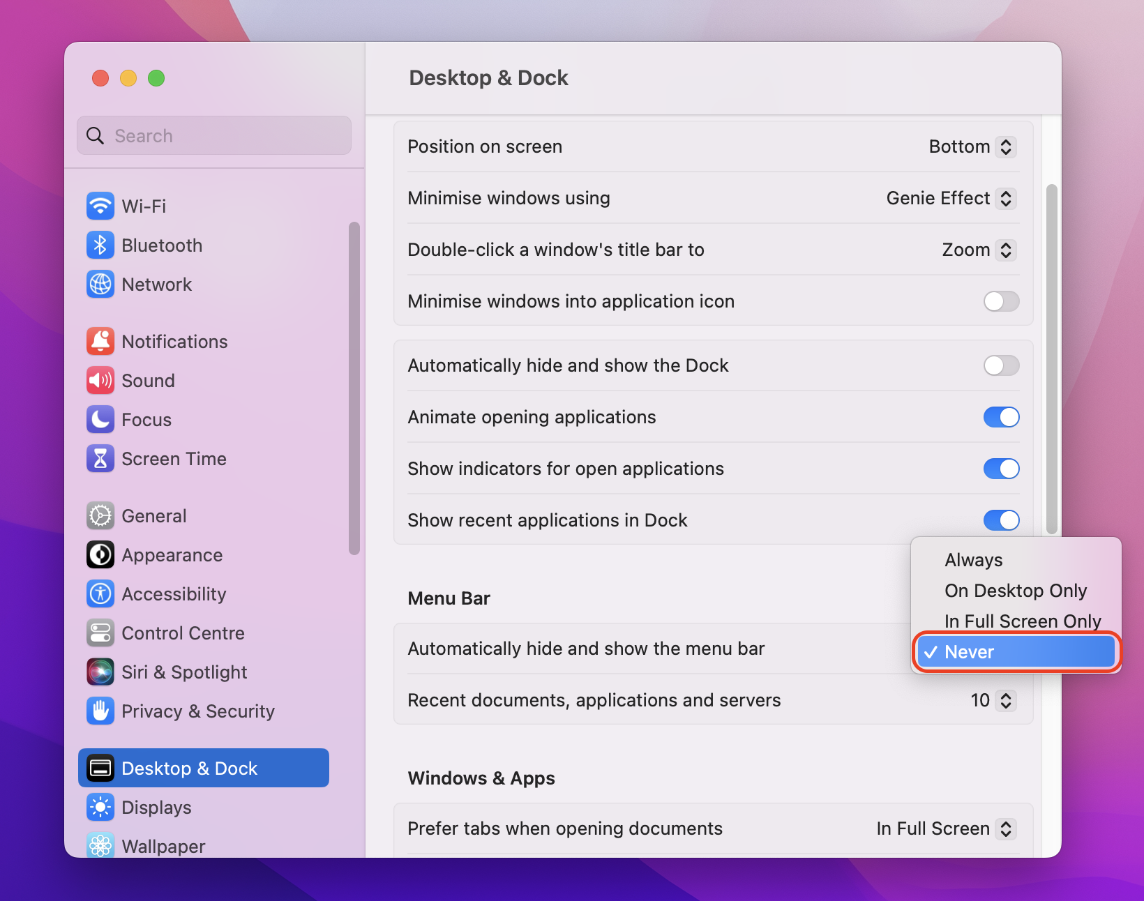 Accédez à Paramètres système > Bureau et Dock. Vous pouvez alors choisir d'afficher ou de masquer la barre de menus sur votre ordinateur Mac. Accédez à Paramètres système > Bureau et Dock. Vous pouvez alors choisir d'afficher ou de masquer la barre de menus sur votre ordinateur Mac.