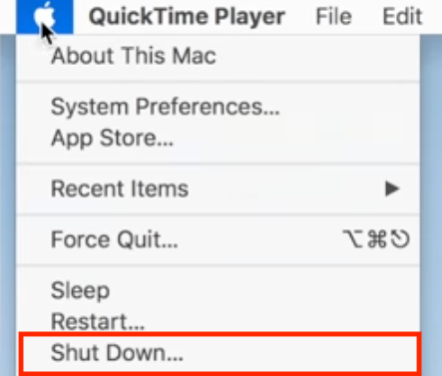 To enter Recovery mode in macOS High Sierra, go to the Apple icon in your menu bar, select Shut Down, and then turn your MacBook on again.