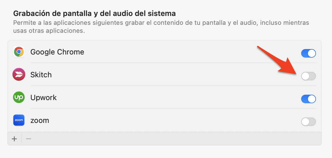 Si estás cansado de que se observe la pantalla de tu Mac, busca la aplicación para la que deseas eliminar el acceso a la grabación de pantalla y desactiva la opción Grabación de pantalla. Esto desactivará los permisos de grabación de pantalla para aplicaciones de terceros.