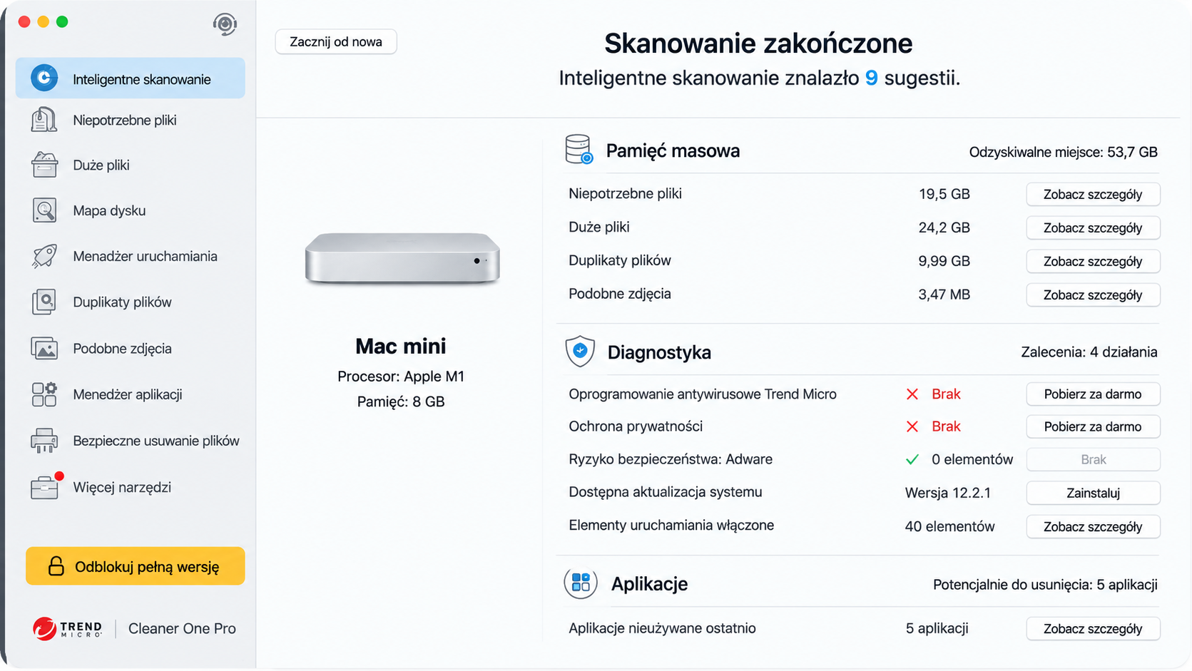 Wyniki testu czyszczenia Cleaner One Pro wraz z listą zaleceń przedstawionych użytkownikowi po jego zakończeniu.