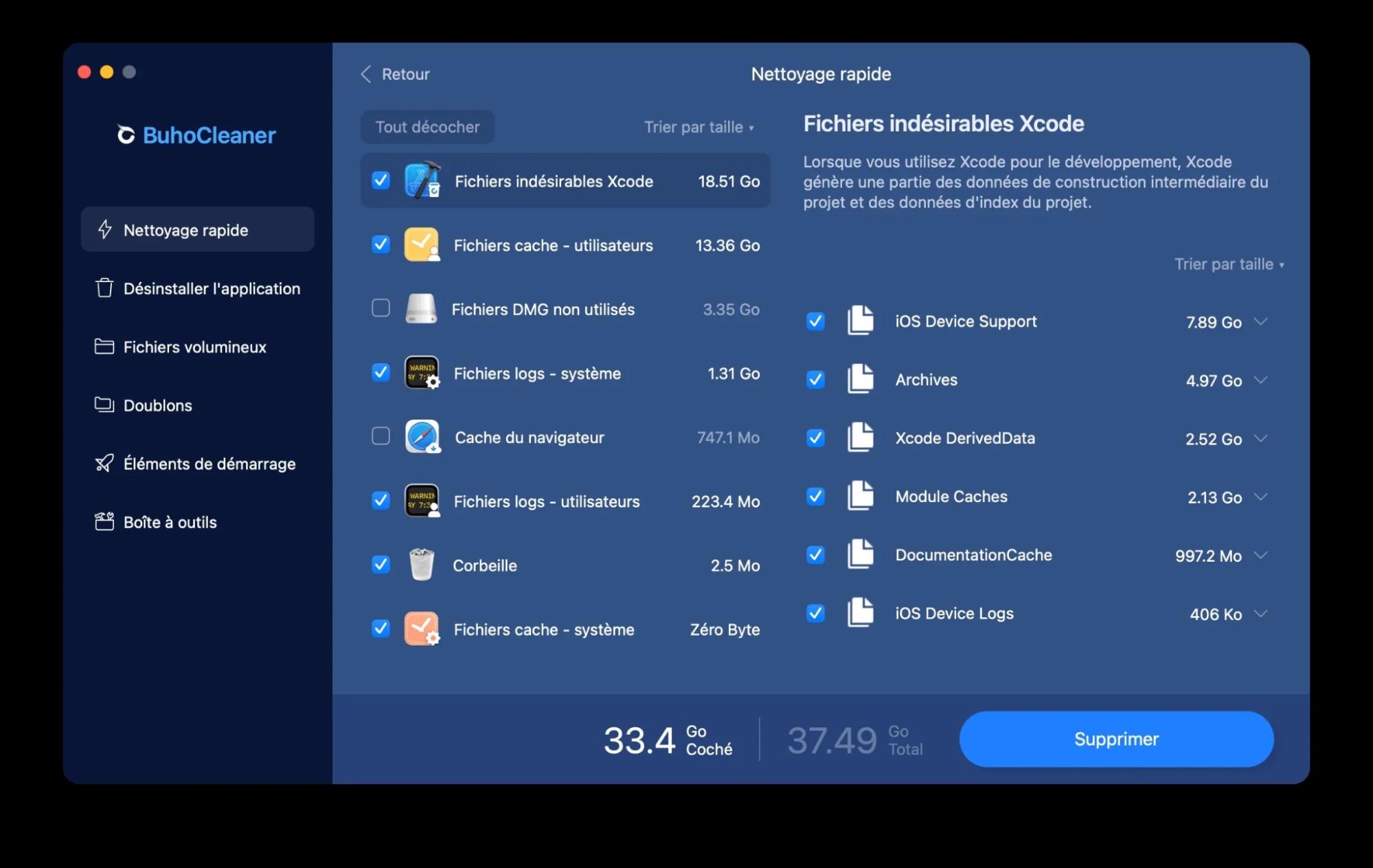 Le logiciel BuhoCleaner est un bon outil pour supprimer des débris numériques de votre Mac en seulement quelques étapes. Après une analyse rapide, vous pourrez voir tous les programmes installés sur votre ordinateur, triés du plus gros au plus petit, et choisir lesquels supprimer pour libérer le plus d’espace disque possible.