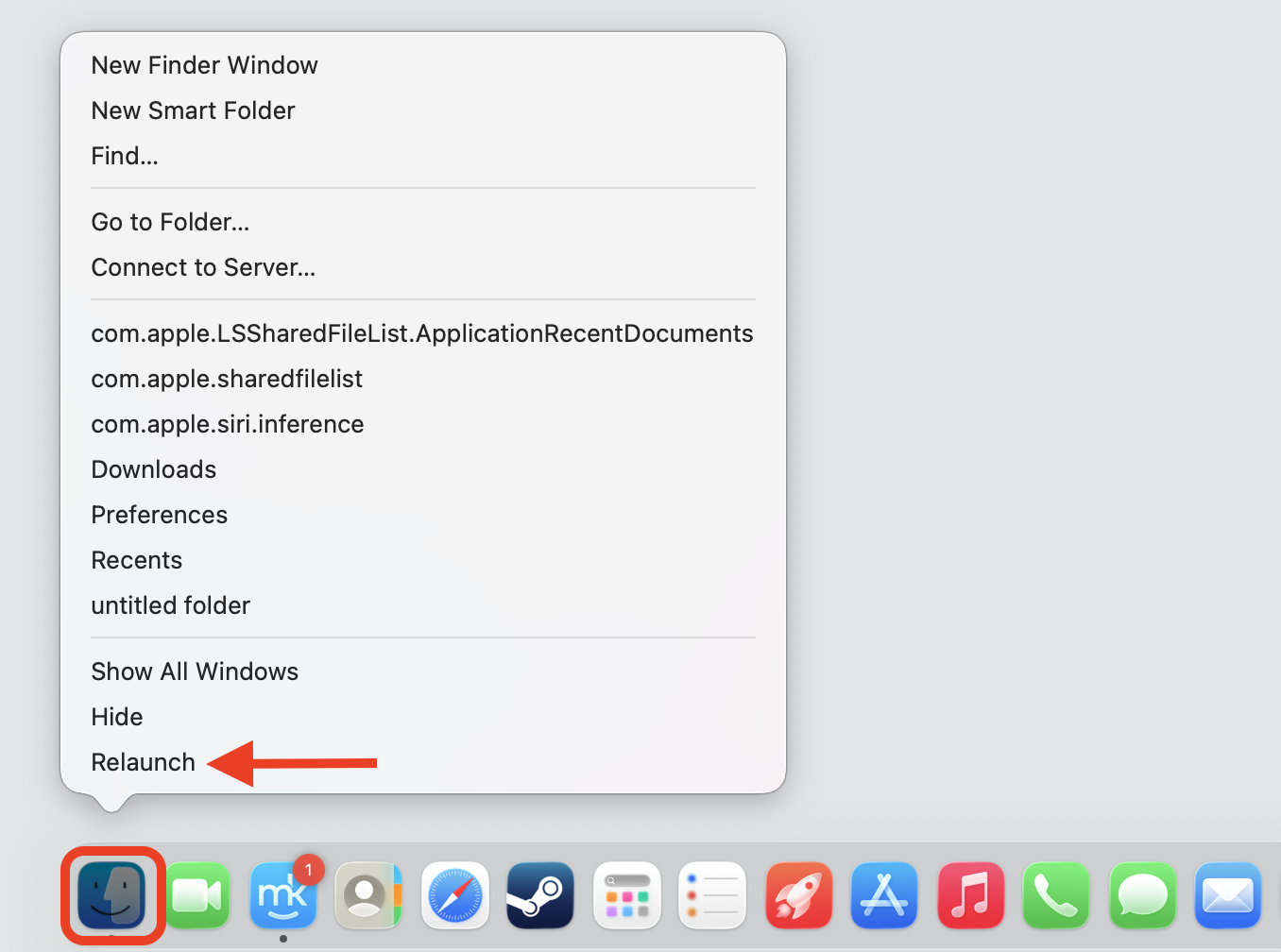 Finder Dock menu on macOS Sequoia 15 showing the Relaunch option to restart Finder and apply a settings reset on an Apple device.
