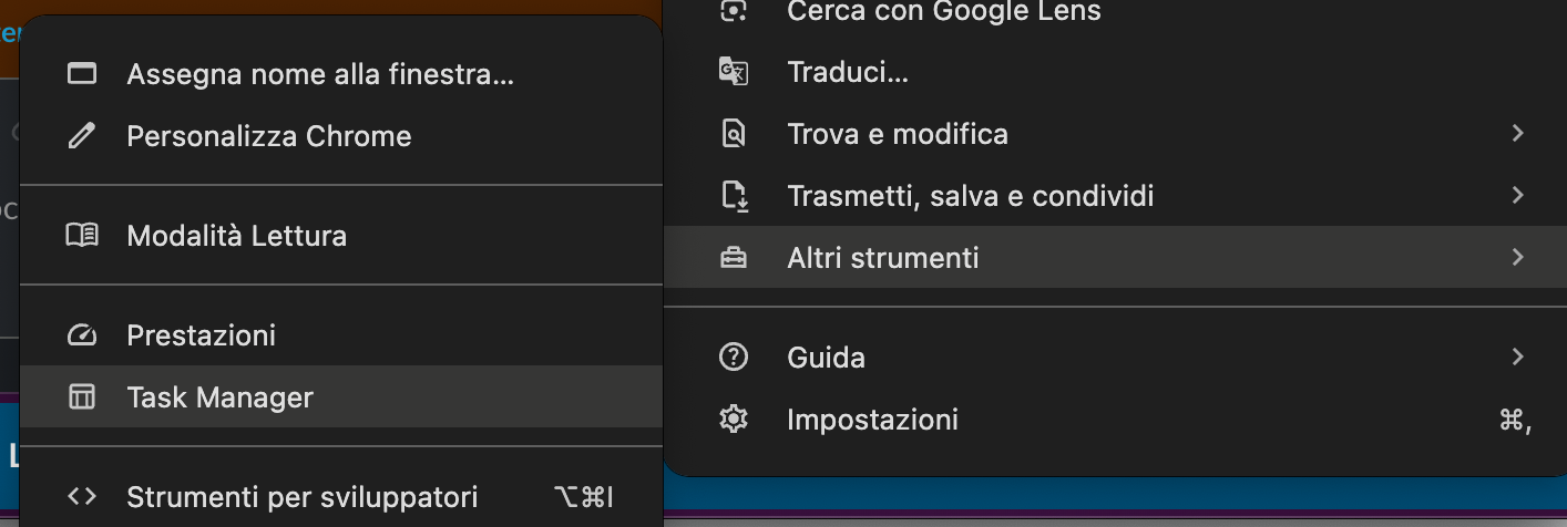 Controlla quali processi consumano più memoria su Google Chrome e libera RAM su Mac. Tocca l’icona con i tre puntini e seleziona Altri strumenti > Task Manager.