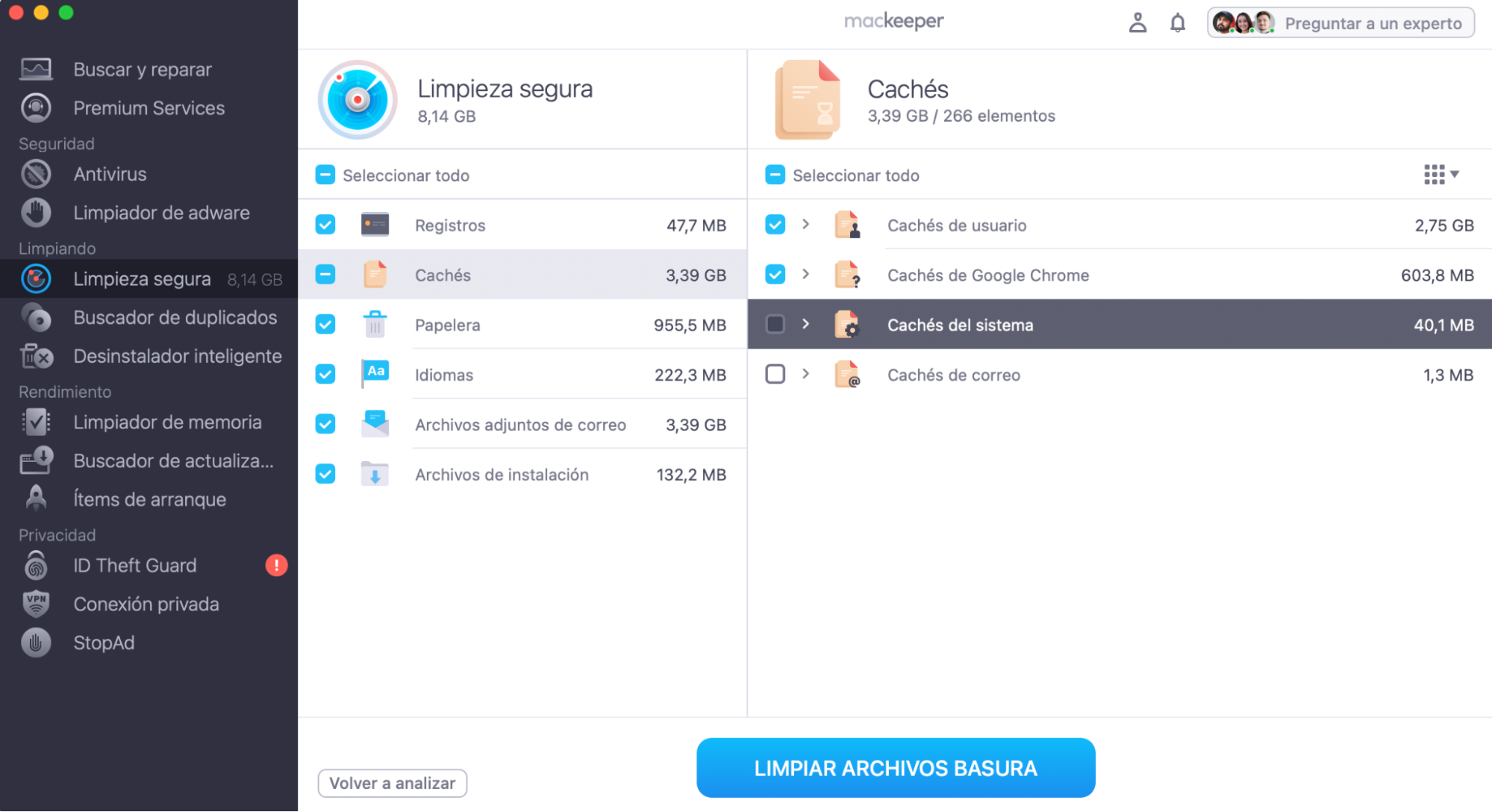 Utiliza MacKeppers Limpieza segura para eliminar todo tipo de datos de caché y otros archivos basura. Utiliza MacKeppers Limpieza segura para eliminar todo tipo de datos de caché y otros archivos basura.