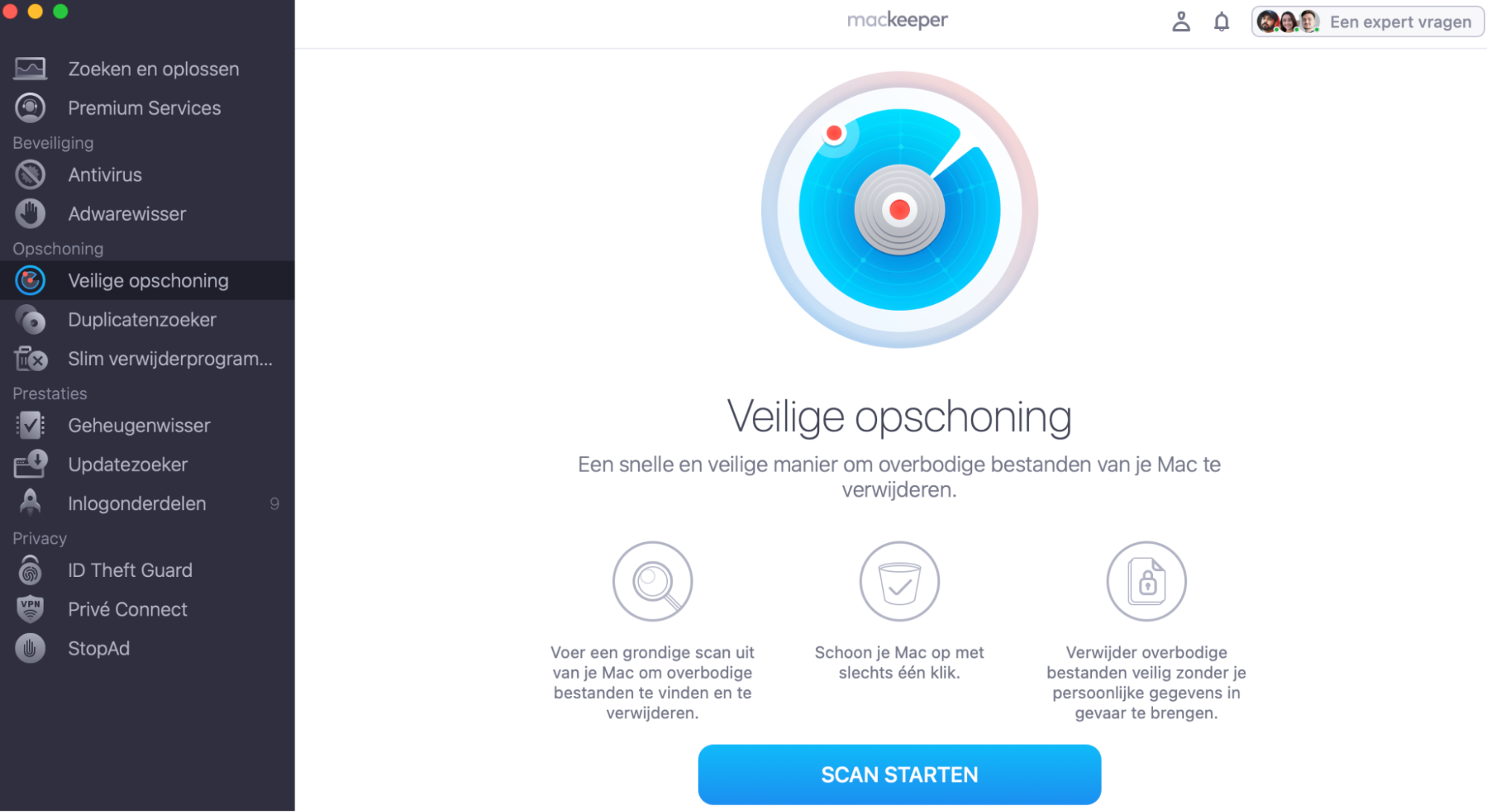 Open MacKeeper en selecteer Safe Cleanup in de zijbalk. Klik op de knop Scan starten om te zoeken naar onnodige bestanden die je kunt verwijderen.