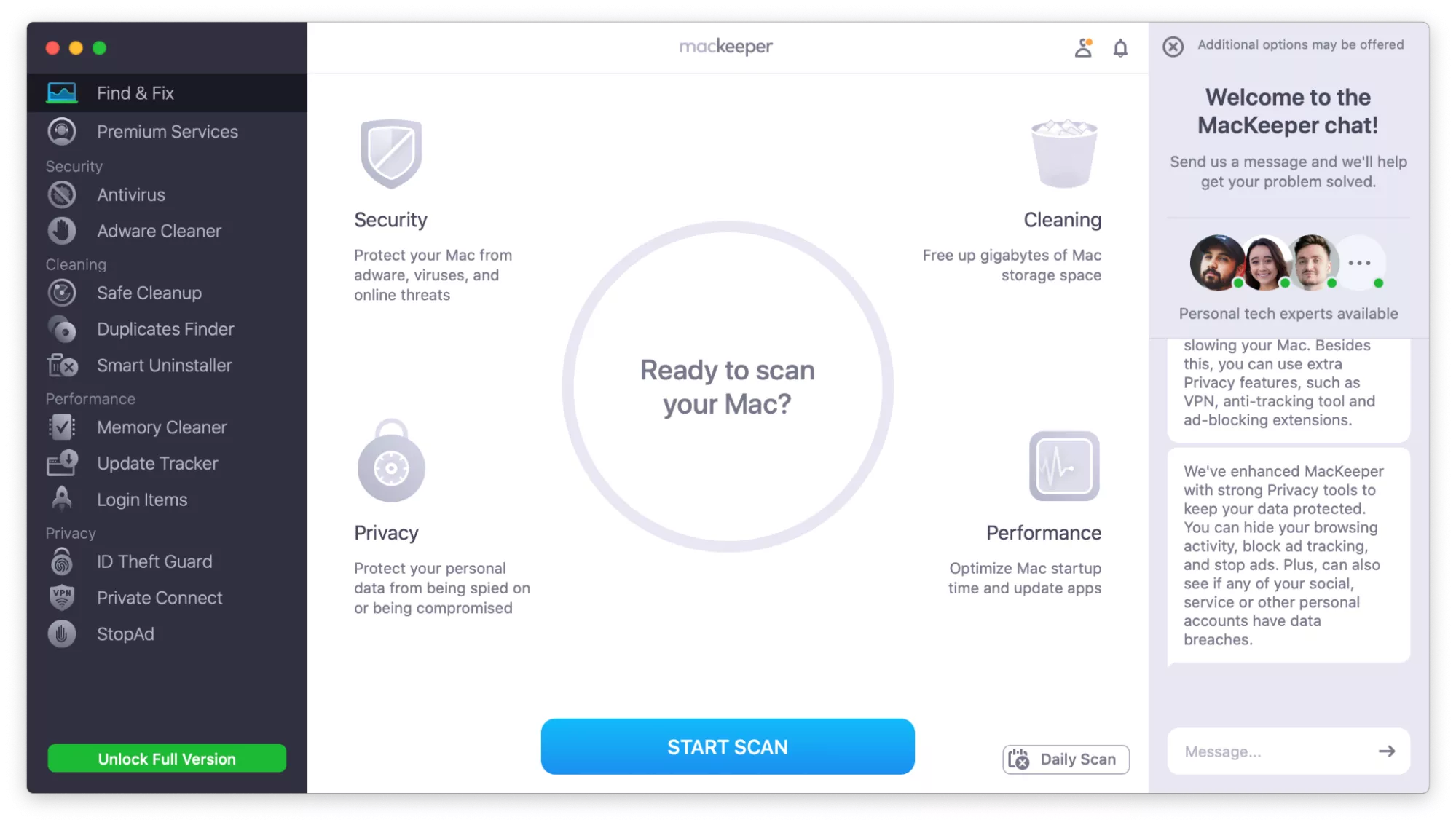 Open MacKeeper on your Mac and review the dashboard, where cleanup, security, privacy, and performance tools share one sidebar.