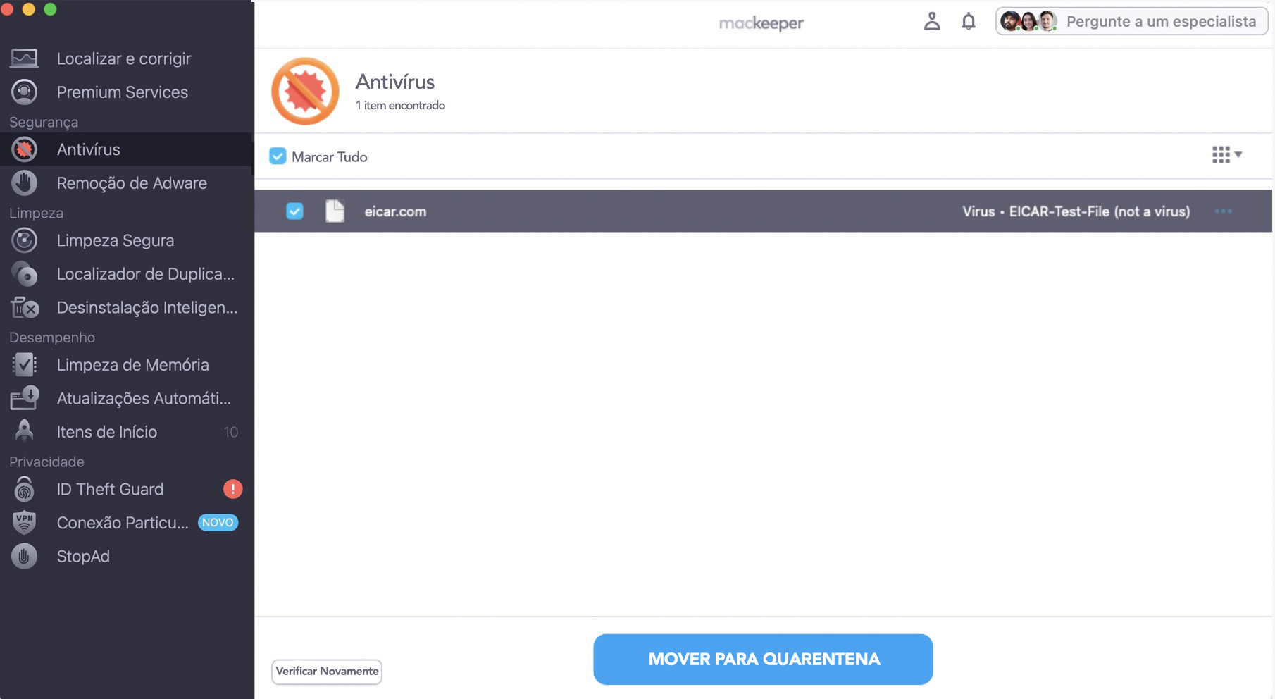 Agora a nova janela na aba Antivírus do MacKeeper informará o resultado da verificação no seu Mac. Se algo for encontrado, certifique-se de movê-lo para a Quarentena
