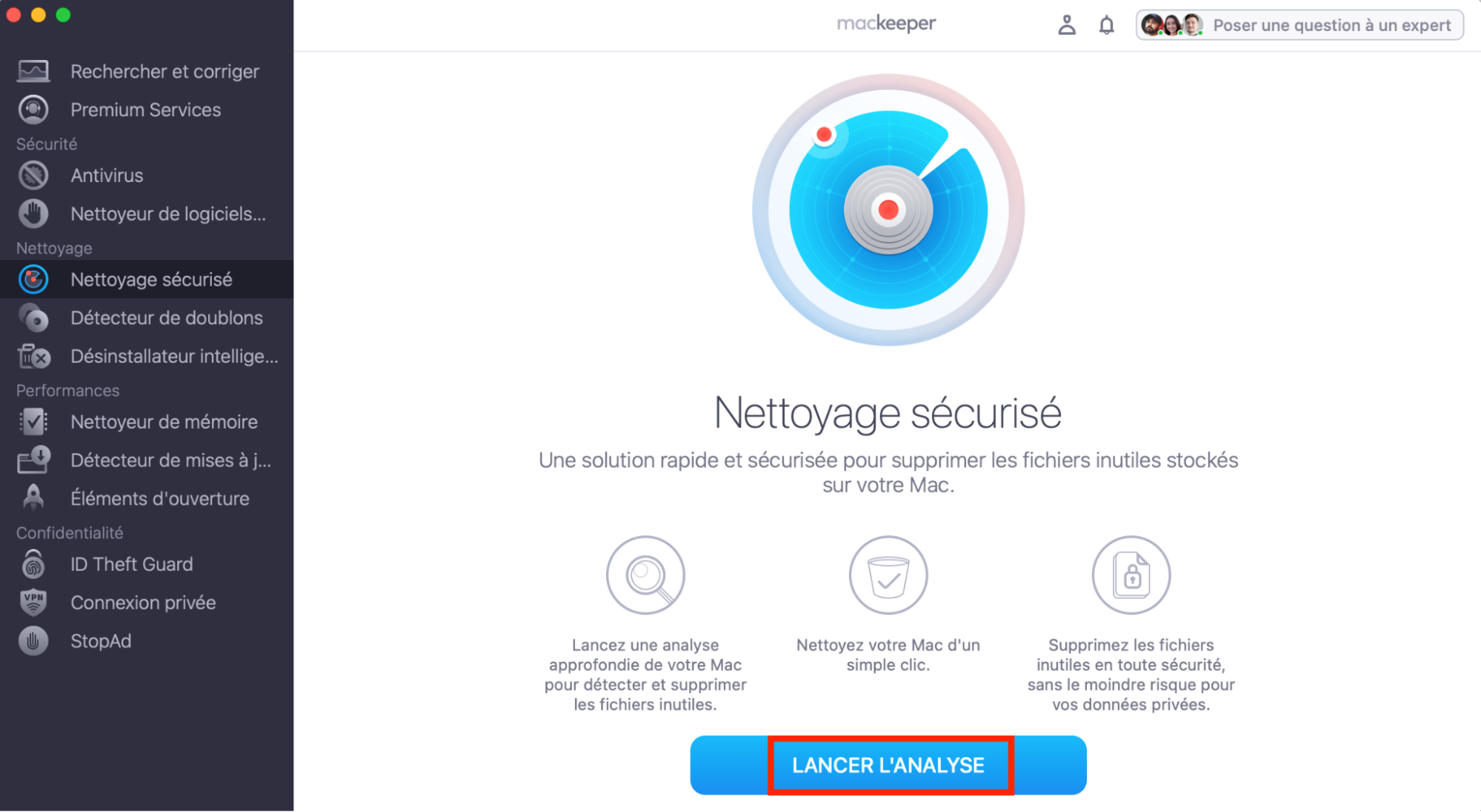 L'écran d'accueil du Nettoyage sécurisé de MacKeeper avec le bouton Lancer l'analyse mis en évidence en bas. Comment vider les caches Mail sur Mac avec un nettoyeur Mac.