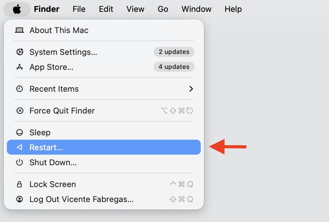The Apple menu on a MacBook with the Restart option selected is shown as the quickest way to clear stuck com.crowdstrike.falcon.Agent CPU spikes.