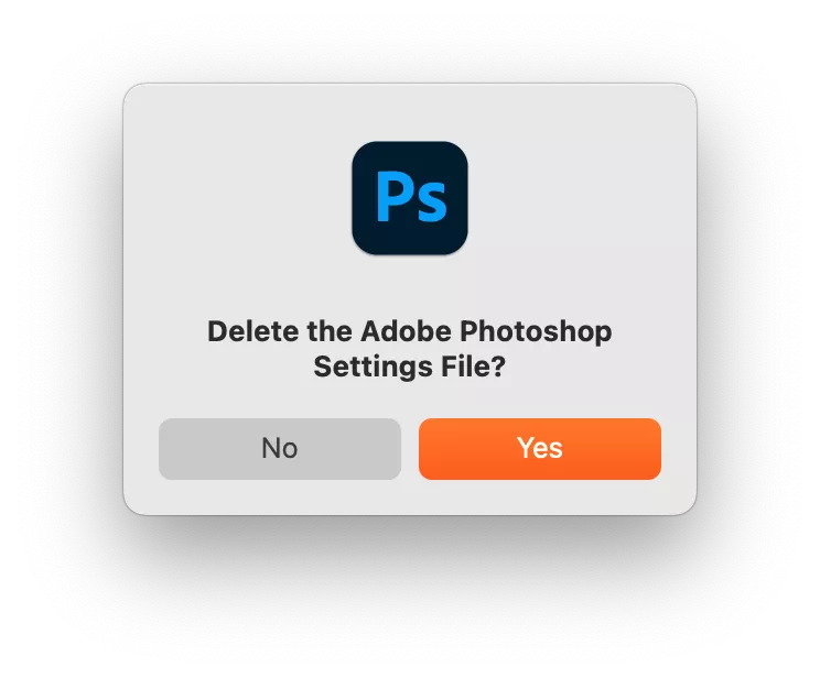 En dialogboks i Photoshop som spør om innstillingsfilen for Photoshop skal slettes. Klikk på Yes for å bekrefte at du vil slette Photoshop-innstillingene.