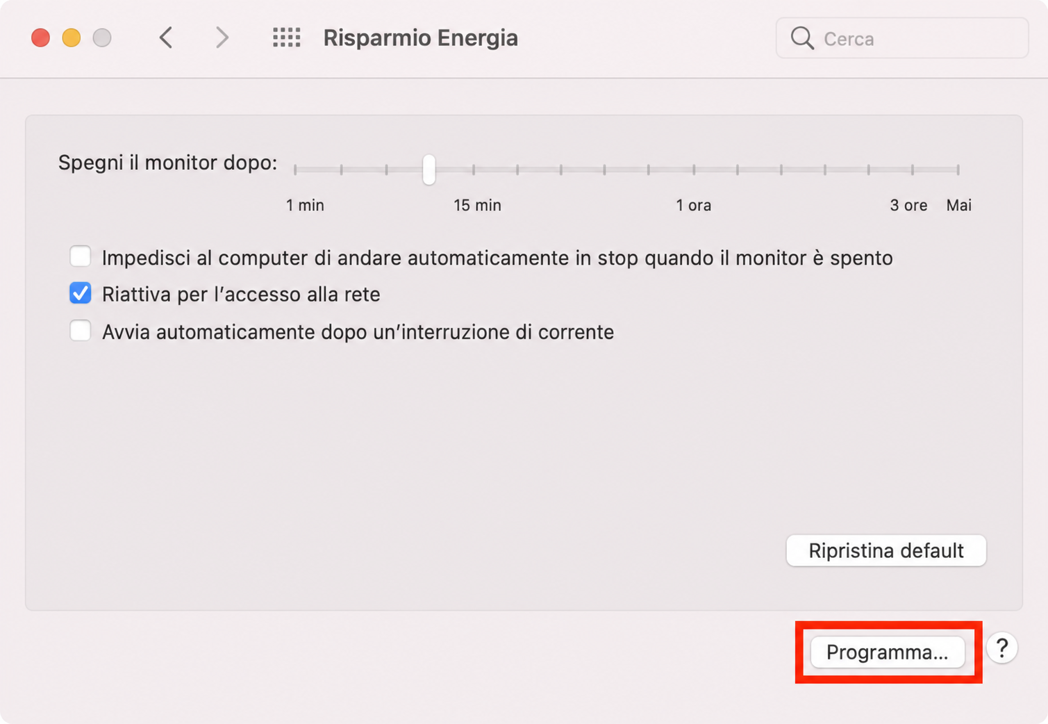 Su un Mac con Monterey o versioni precedenti, vai alle impostazioni di Risparmio energia, poi clicca su Pianifica in fondo alla finestra.