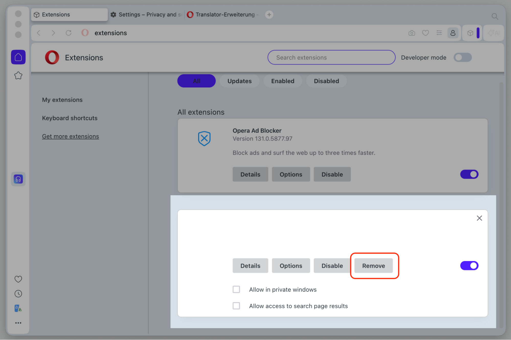 Opera Extensions page on an Apple device with an add-on's options expanded and the Remove button highlighted to delete suspicious extensions.