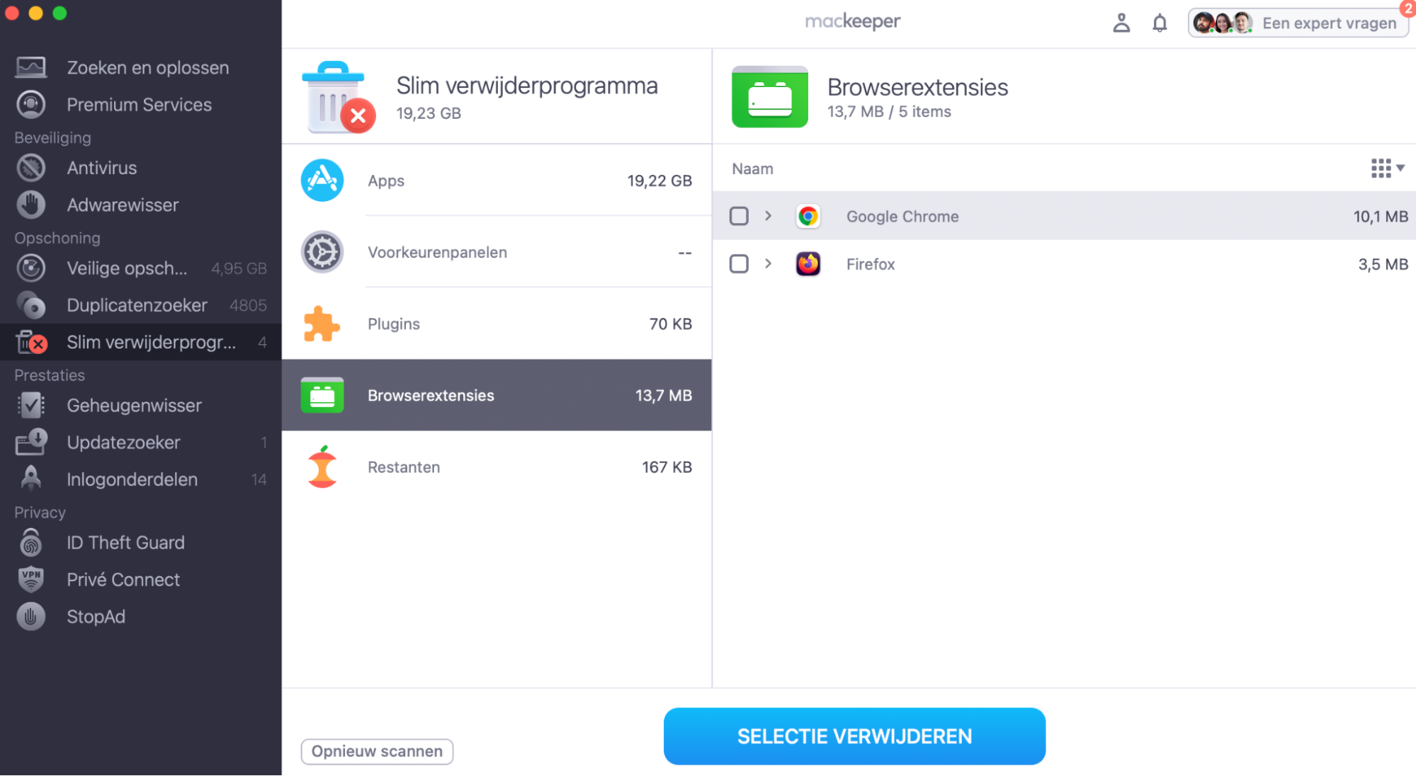 De MacKeeper app toont de functie Slim Verwijderprogramma, waarmee onnodige of verdachte browserextensies met slechts een paar klikken kunnen worden verwijderd.