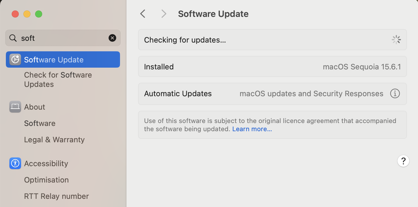 Open System Settings, search for Software Update, and check for any available macOS updates to keep your system fully compatible with OneDrive.