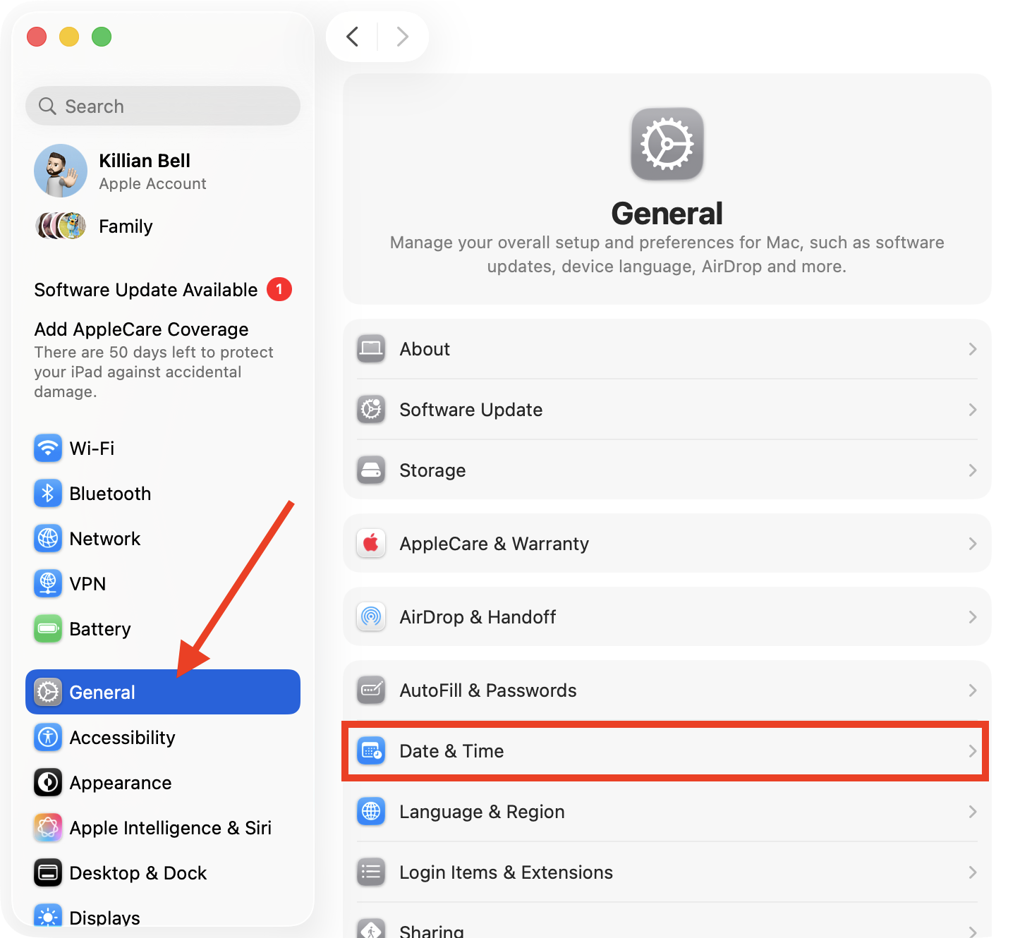 The Date & Time option inside Settings > General on Mac. You can change your Mac clock settings here, but if you want to know how to show seconds on the Mac clock, you'll need to go to Menu Bar options instead.
