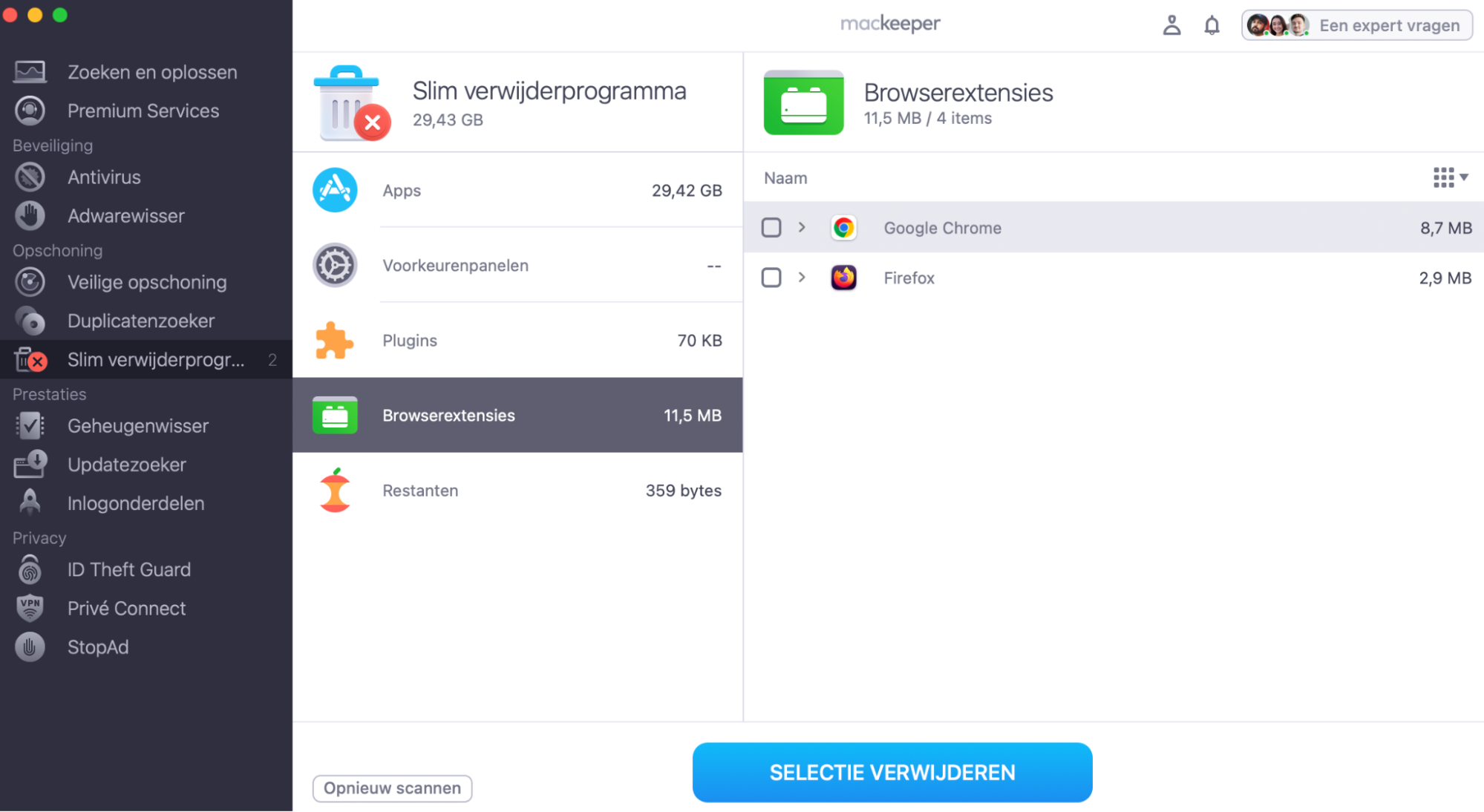 Selecteer in de lijst met browserextensies in de scanresultaten van ‘Slimme de-installatie’ in MacKeeper de vakjes van de extensies die je wilt verwijderen en klik op ‘Selectie verwijderen’.