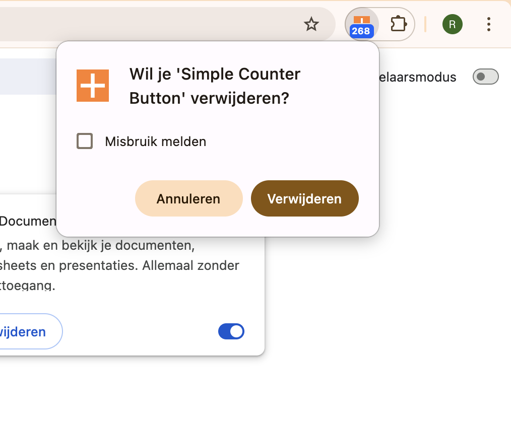 Klik ten slotte in het pop-upvenster op de knop Verwijderen om de extensie te verwijderen. Verwijder alles wat verdacht lijkt of wat je je niet kunt herinneren zelf te hebben geïnstalleerd.