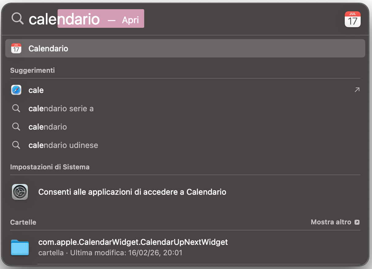 Finestra di Spotlight aperta dopo aver premuto Cmd + Spazio. Inizia a digitare ciò che stai cercando e lo troverai in pochi secondi.