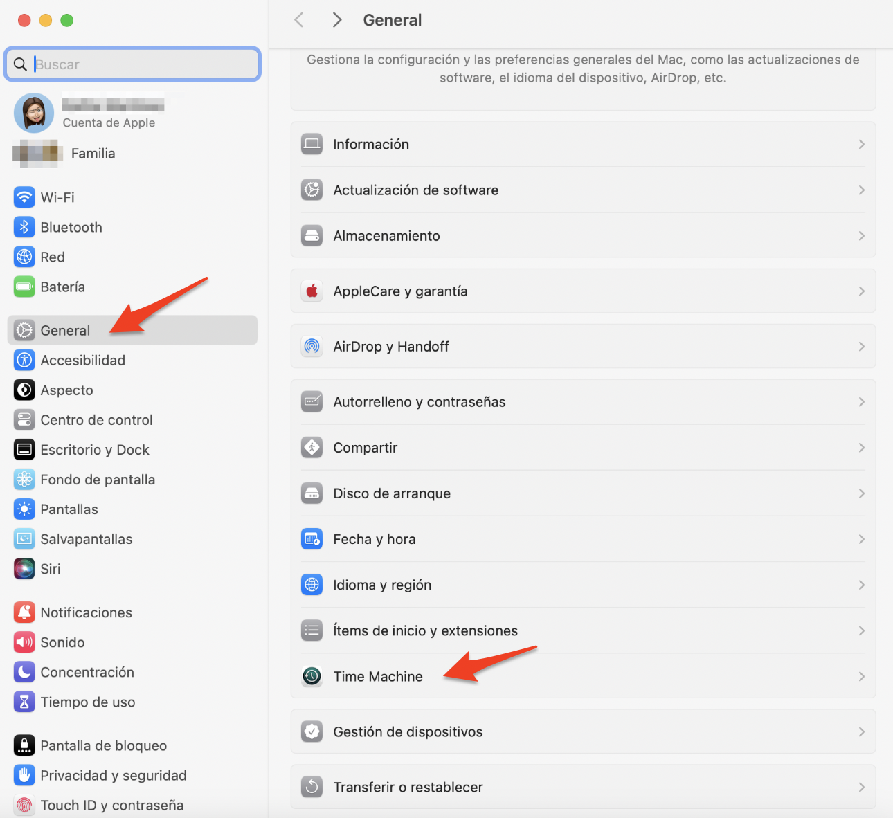 Ajustes del Sistema en Mac mostrando el menú General. Para clonar datos de un Mac a otro Mac utilizando Time Machine, primero selecciona Time Machine para hacer una copia de seguridad de los datos de tu antiguo Mac en una unidad externa. Ajustes del Sistema en Mac mostrando el menú General. Para clonar datos de un Mac a otro Mac utilizando Time Machine, primero selecciona Time Machine para hacer una copia de seguridad de los datos de tu antiguo Mac en una unidad externa.