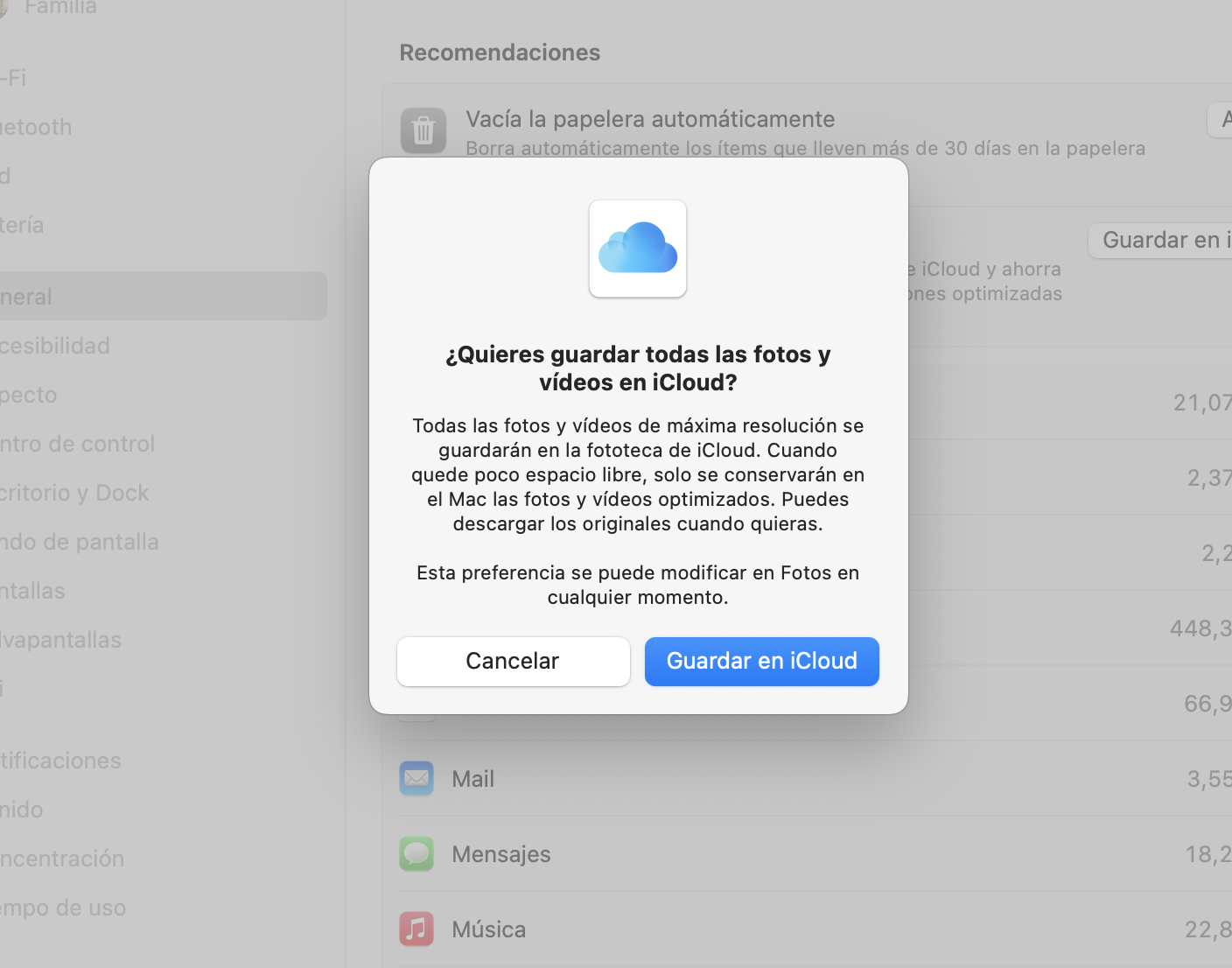 Visualiza la lista de elementos a almacenar en iCloud. Marca los archivos y haz clic en Guardar en iCloud.