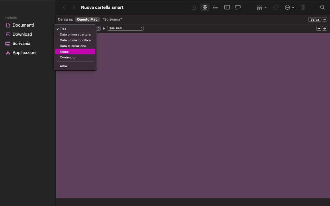 Per rimuovere manualmente i file duplicati su Mac, premere l'icona più (+) sul lato destro della finestra Nuova cartella smart, quindi utilizzare le frecce per filtrare la ricerca per tipo di file.