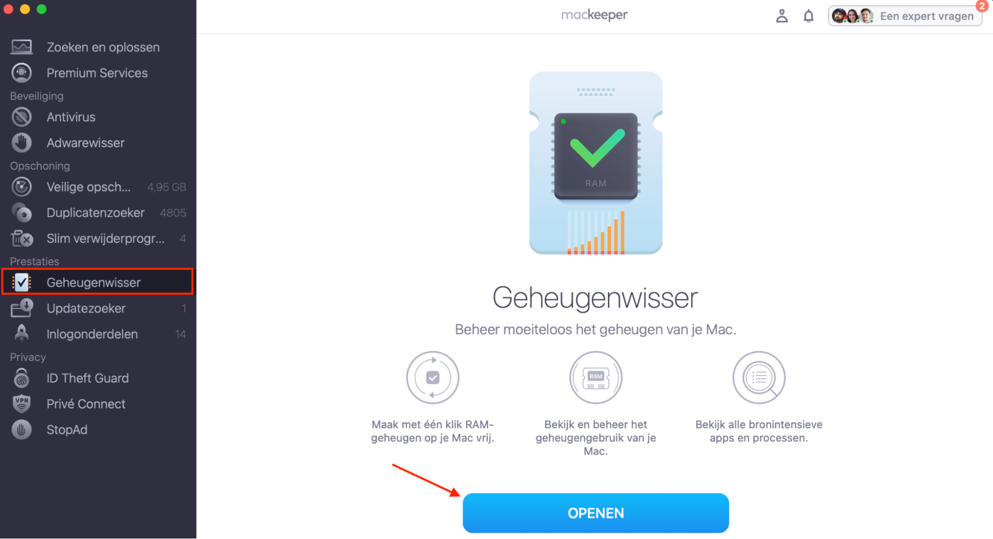 Gebruik MacKeeper om de opslagruimte van je Mac te optimaliseren door MacKeeper te openen en Geheugenopruiming te selecteren in de linker zijbalk.