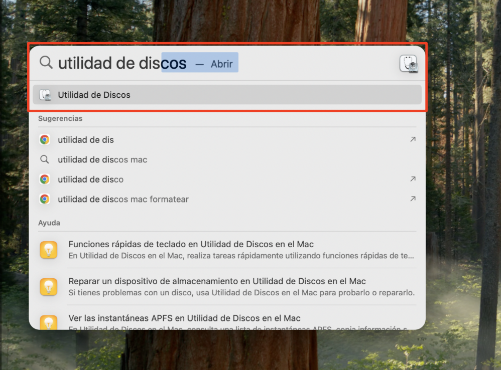 Para acceder a la Utilidad de Discos buscándola en Spotlight.