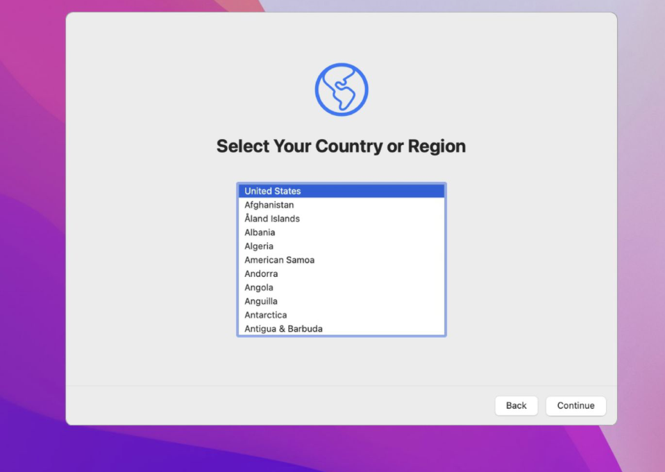 For post-reset configuration, when your factory Rest device powers back up and re-installs macOS Mojave, you’ll see Setup Assistant. Here you’ll be able to set your Region, Language, and get connected to your Wi-Fi.
