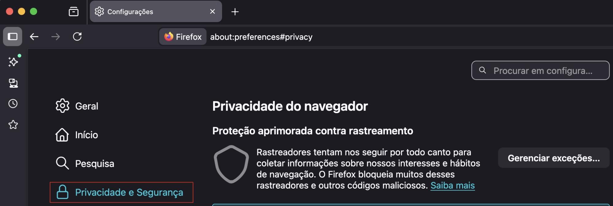 O Firefox no Mac mostra a página de Ajustes. Clique em Privacidade e Segurança para limpar os arquivos temporários de cache.