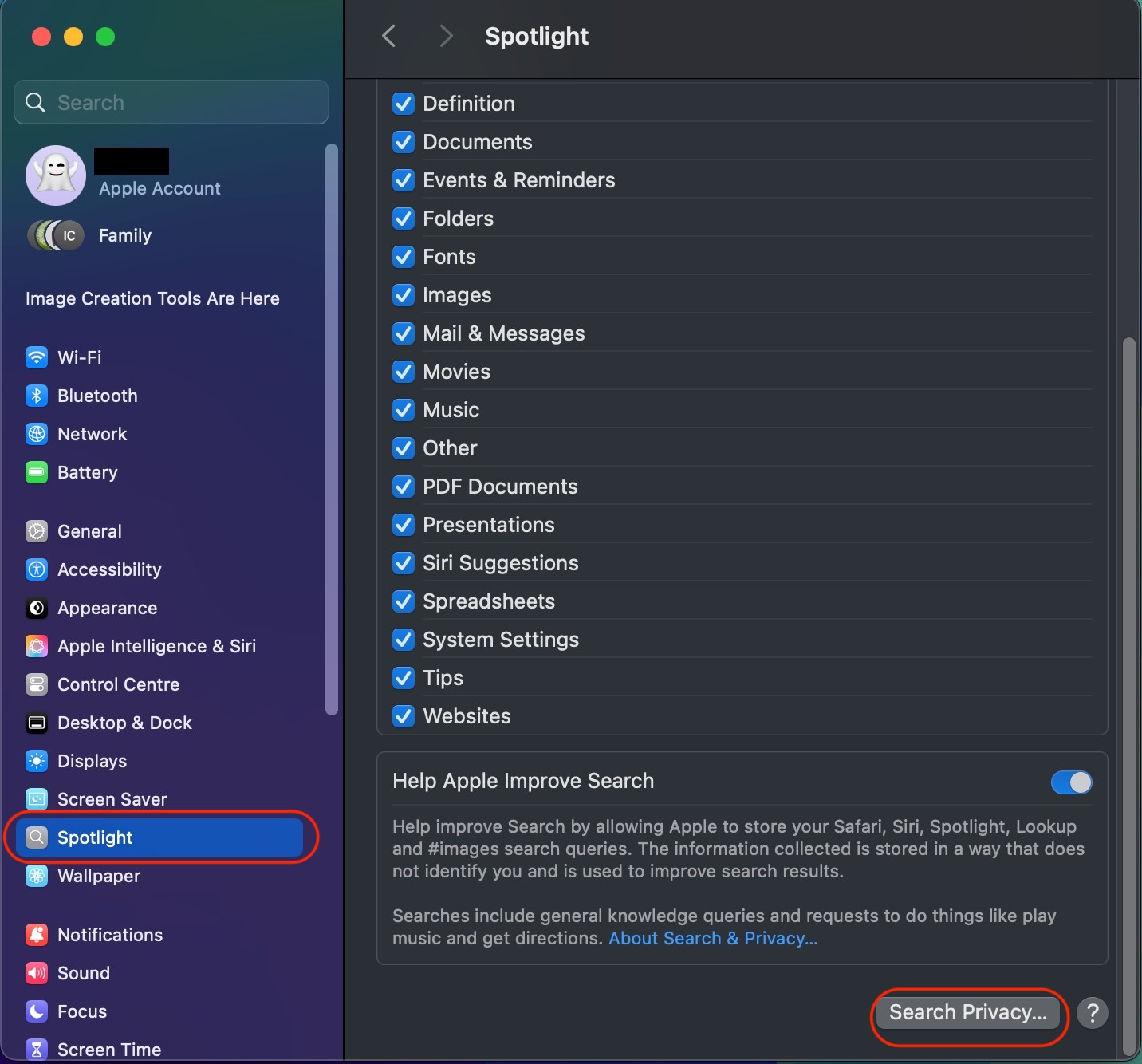 System Settings is opened on a Mac. Select Search Privacy in the bottom-right to disable and enable Spotlight access for Photos.