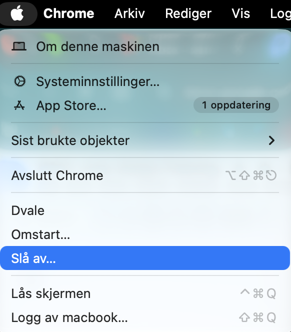 For å gå inn i sikker modus på en Mac med Apple Silicon, begynner du med å slå av enheten ved å klikke på Apple-ikonet og velge Slå av.