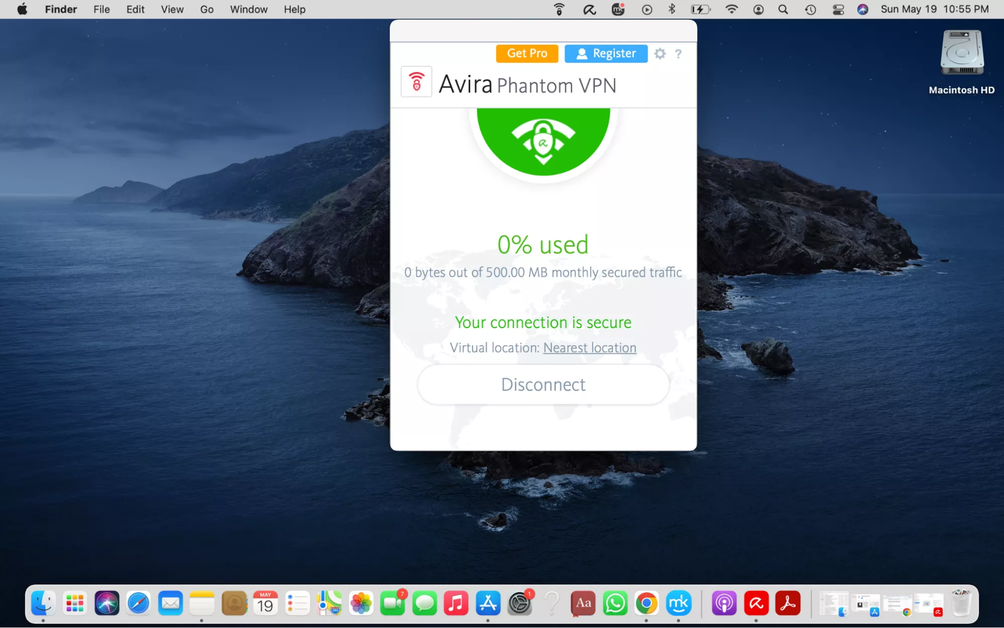 Open the Avira Phantom VPN macOS app, locate the connection screen, and press the connect button to secure your traffic through the nearest server.