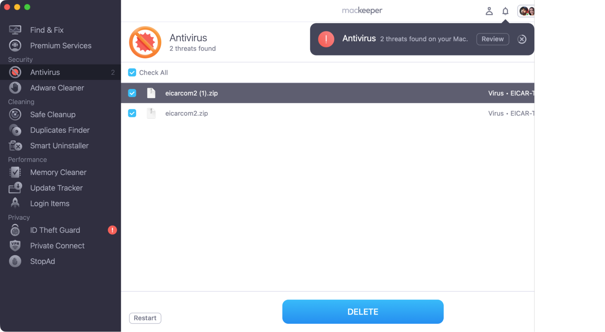 When MacKeeper Antivirus has finished scanning your Mac, if it finds any malware, you'll have the opportunity to delete it. Select what to delete, then click 'Delete'.